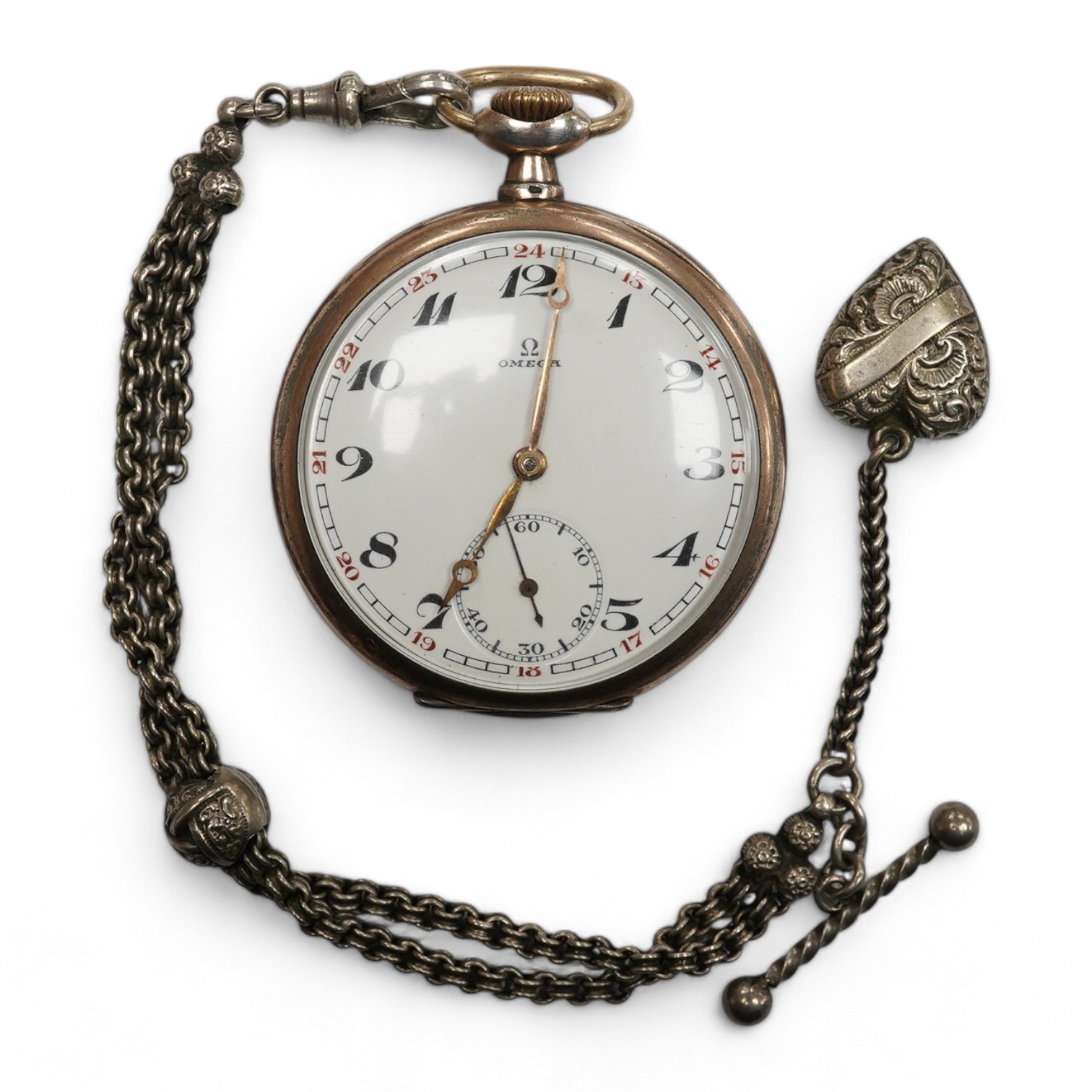 An 800 standard white metal Omega open faced keyless pocket watch, with Arabic dial and subsidiary seconds, case diameter 48mm, together with a white metal albertina. Condition - poor